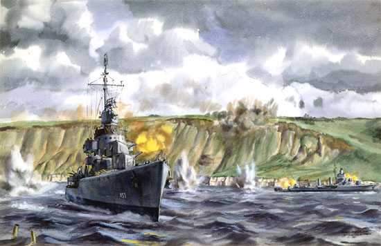 O destreier USS Emmons, ataca canhões alemães de 88 mm em Port-en-Bessin