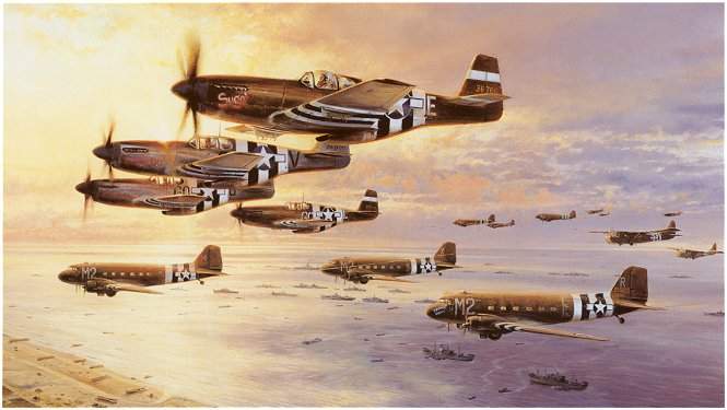 P-51s dão proteção para Dakotas e Wacos durante o Dia-D